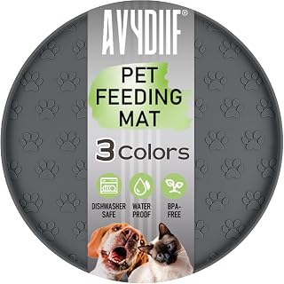 Pet Feeding Mat, Waterproof Anti-Slip Placemats for Dog Cat Bowl Silicone Pet Food Mat, Raised Edge Prevent Spills on Floor & Carpet, Dishwasher Safe (1 Grey, 10.9" L x 10.9" W)
