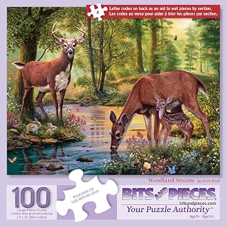 Bits and Pieces Woodland Stream Jigsaw Puzzle by Steve Read &mdash; Available in 50/100/200/300/500/1000 pcs &mdash; 15"&times;19", 18"&times;24", 20"&times;27" &mdash; Random Die-Cut, Nature/Deer/Stream Art (100 Piece Puzzle)