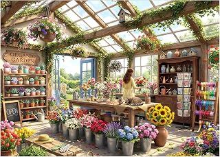 Cozy Flower Shop Puzzles for Adults 1000 Pieces,Cardboard 27.5x19.6in | Serene Floral Greenhouse Scene,Woman Arranging Flowers&Sleeping Cat,Challenging Puzzle for Family Game,Letters on Back