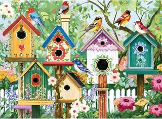 Colorful Birdhouses & Vibrant Birds 500 Piece Jigsaw Puzzle, Family Game | Blooming flowers, home wall decor, great gift for adults and seniors, 20.5 x 15 in