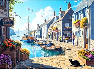 500 Piece Puzzle for Adults, Charming Coastal Village 500 Pieces Jigsaw Puzzles, Seaside Harbor with Cat Puzzle, Perfect for Family Game Night, Ideal Gift for Adults Seniors, 20.5 x 15 in