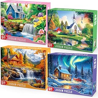 4 Packs 500 Piece Puzzles for Adults &ndash; 4 Seasonal Landscape Puzzle Set Scenic House & Nature Jigsaw Puzzle, Colorful Adult Jigsaw Puzzles for Stress Relief, Family Fun, Mindfulness & Gifts