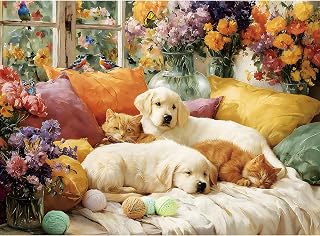 500 Piece Jigsaw Puzzle for Adults - Cozy Scene with Golden Retriever Puppies & Orange Cats, Floral Window Artwork,Great for Family Nights & Stress Relief, 20.5 X 15 in