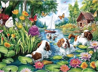 300 Piece Jigsaw Puzzle for Adults & Seniors, Lakeside Dogs, Large Pieces | Playful dogs, blooming flowers and a peaceful lakeside cabin, perfect for relaxing puzzle time, 20.5 x 15 in
