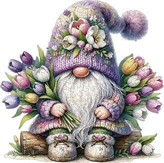 Gnome Wooden Puzzles for Adults, 300pcs Gnome Wooden Jigsaw Puzzles for Adults, Flowers Unique Shaped Jigsaw Puzzles Creative Gift for Friend Family Game Large Size 15'' x 14.1''
