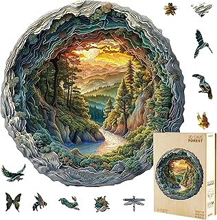 300 Pieces Wooden Puzzles, 3D Cave Forest Puzzle, Unique Animal Shaped Wood Challenging Jigsaw Puzzles Ideal for Adults, Premium Wood Gift Box 13.4x13.3in