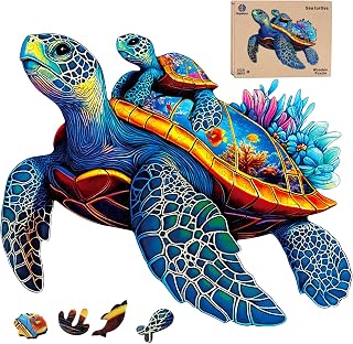 Wooden Jigsaw Puzzles for Adults Teens Kids, Parent & Baby Sea Turtle Wood Puzzle, Wooden Puzzles for Adults, Unique Animal Shaped Puzzle, Fun Challenging Family Games, 200pcs 11.5" x 9.7"