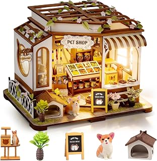 DIY Miniature House Kit, Pet Shop Book Nook Kit with LED Light, 3D Wooden Puzzle Bookshelf Decor Mini Model Building Kit, Birthday Gifts for Family & Friends