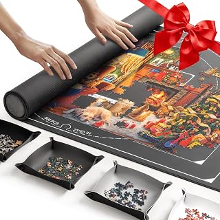 ropoda 1500 Pieces 46"x26"Puzzle Mat Roll Up, Puzzle Saver with Storage Bag | Portable Rollup Puzzles Keeper with 4 Large Sorting Trays & Travel Storage Bag (Black)