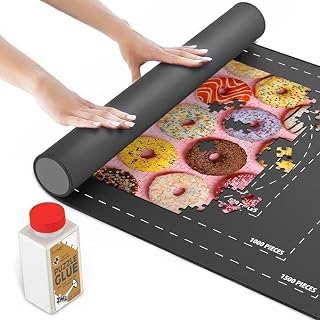 Point Games Rubber Puzzle Mat, Jigsaw Roll Up Mat for Puzzles - Jigsaw Mat 1500 Pieces Protector, Saver, Organizer, Non-Slip Rubber Bottom, Polyester Top w/Storage Bag + Bonus Puzzle Glue