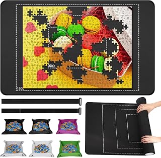 Premium Rubber Jigsaw Puzzle Mat, Roll Up, Saver Pad 46&rdquo; x 26&rdquo; Portable Up to 1500 Pieces with Non-Slip Rubber Bottom and Smooth Polyester Top + Storage Bag, 6 Colorful Trays, Rolling Tube