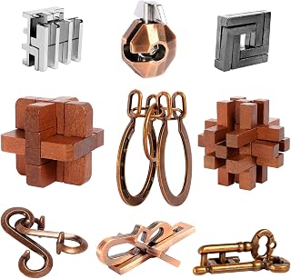 9pcs Puzzles Game Bulk Gift for Kids, Teens, and Adults. | Retro Wooden and Metal Unlock Interlock Brain Teaser Toys.
