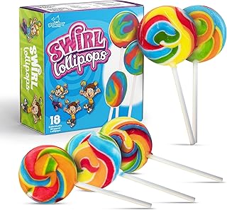 18 Pcs Individually Wrapped Rainbow Round Lollipops Swirl for Kid Goody Bag | Individually Wrapped Swirl Lollipops Candy Suckers Treats - Swirly Lolipops Candies for Birthdays Party Favors & Goodie Bags