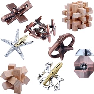 8 Pieces Wooden and Metal Brain Teaser Puzzles Box | Education Toys for Adults and Kids IQ Logic Training Family Game Party Favor Coffee Table Unlock Interlock Mind Puzzles