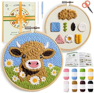 CYANFOUR Punch Needle Kit for Beginners, Highland Cow Punch Needle Kits | Craft Kits for Adults with 2 Pre-Printed Fabrics, Embroidery Hoop, Threads, DIY Gift and Home Decor 20 * 20cm
