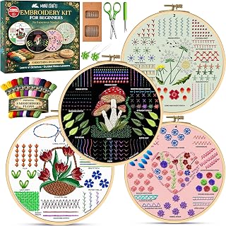 Embroidery Kit for Beginners Adults, 4 Pre-Printed Cloths, 41 Stitches | Complete Starter Kit &bull; 4 Pre-Printed Cloths &bull; Learn 41 Stitches &bull; Video Tutorials