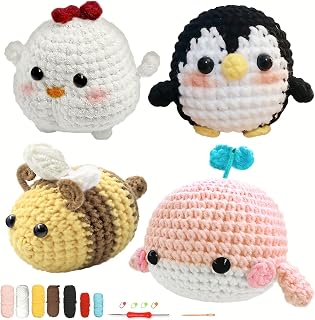 YAMAXIN Crochet Kit for Beginners Adults &ndash; 4PCS Animal Amigurumi Yarn Craft Kit with Hooks, Tools & Video Tutorials &ndash; DIY Crochet Starter Set (Chick, Whale, Penguin, Bee)