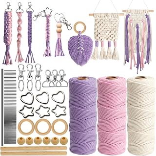 Macrame Kit for Adults Beginner with Instructions & Tutorials | 3mm Cord, Wood Rings, Beads, Dowel, Key Rings for Wall Hanging, Keychain, Boho Decor with Guidebook & Online Videos (Pink)