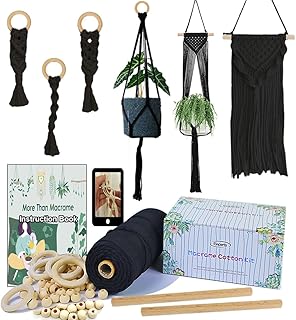 Macrame Kit for Adults Beginner DIY Craft Kits with Instruction + Video | Supplier 3mm Macrame Cord Black ,Wooden Beads, Rings Wooden Dowel to Make Plant Hanger, Boho Wall Hanging Decor