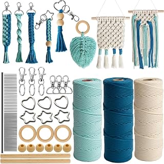 Macrame Cord Kit for Wall Hanging Adults DIY Craft | 3mm Cord, Wood Rings, Beads, Dowel, Key Rings for Wall Hanging, Keychain, Boho Decor with Guidebook & Online Videos (Blue)