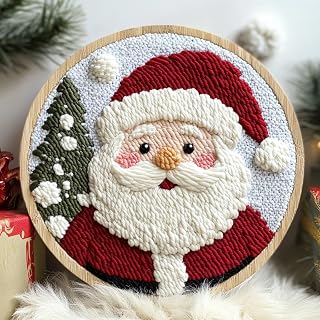 DIY Punch Needle Kits Santa Claus with Hoop 20x20cm-9 | with Pattern Stamped Easy for Beginners Embroidery Punch Needle Starter Craft Set for Adults Festival Gift and Decoration