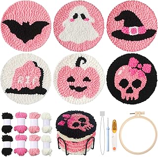 Yaomiao 6 Pcs Halloween Punch Needle Coaster Kit for Beginners Adults | Punch Needle Embroidery Kits with Patterns, Yarns, Tools, Adhesive Felt Embroidery, Hoop, Instructions, Coaster Holder