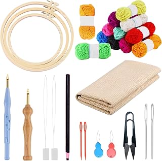 Allazone Embroidery Kit - 17 Pcs with 3 Plastic Hoops, 3 Punch Needles, 12 Colors, Big Eye Needles & Threaders