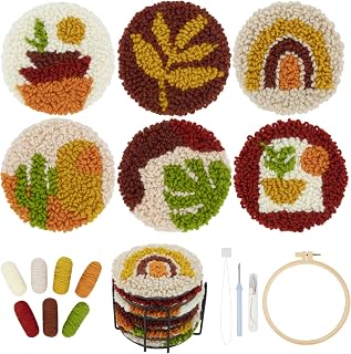 Temlum 6pcs Punch Needle Coasters Kit for Adults and Beginners(Plants) | Punch Needle Embroidery Kits Including Patterns, Tools, Yarns, Hoop, Instruction, Coaster Holder