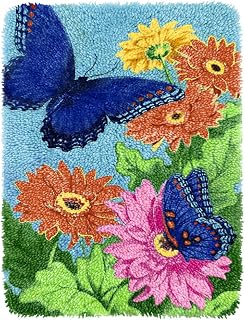 Yjunue Butterfly Floral Latch Hook Kits for Adults, DIY Crochet Yarn Rugs Hooking Craft Kit with Color Preprinted Pattern Design for Adults and Beginners(Butterfly, 20 x 15in)