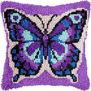 veirousa Butterfly Latch Hook Kits for Adults Beginners, Pre-Printed Canvas | All-in-one Latch Hook Rug Kit, Easy DIY Cushion Craft Pillowcase Gift, Relaxing Hobby for Home Decor