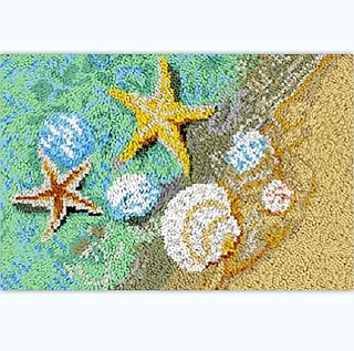 Seaside Beach Sea Shells Starfish Latch Hook Kits Rug Printed Canvas Handmade Carpet Crochet Yarn Embroidery Needlework Hook Latch Kit Tapestry Rug Cover Christmas Home Decoration 52x38cm