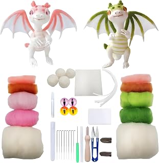 Needle Felting Kits for Beginners, Green and Pink Dragon Wool Felt Project | DIY Wool Felt Dragon Materials Set, Needle Felting Craft Project, Gift for Women Men