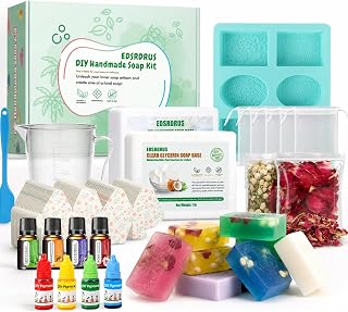 Basic Soap Making Kit with 2 lb Base, Molds, Oils & Pigments | 2lb glycerin base, silicone molds, dried flowers, essential oils & dyes. Complete DIY craft kit for beginners.