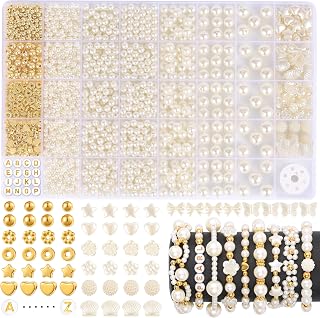 1860pcs Pearl Beads for Jewelry Making, Round Pearls Bracelet Making Kit | Funtopia 5 Sizes Pearl Beads with Gold Spacer Bead Letter Star Heart Bow Bead for Necklaces Earrings DIY Crafts