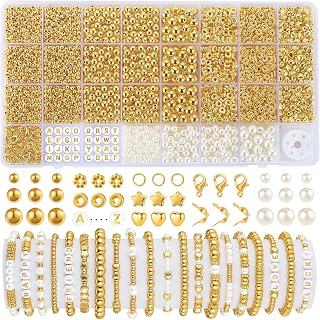 Funtopia 2500Pcs Spacer Beads for Jewelry Making, Gold Beads for Bracelets | 4mm 6mm 8mm Spacer Loose Ball Round Bead Star Pearls Letter Bead for DIY Bracelet Jewelry Making Craft