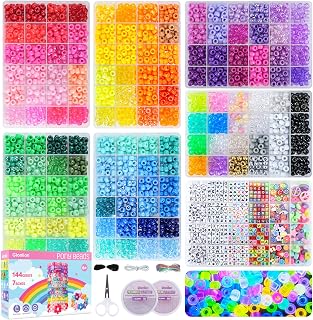 Gionlion 7 Boxes Pony Beads Bracelet Making Kit, 144 Colors 6x9mm Kandi Rave Beads, Friendship Bracelet Kit with 800Pcs Letter Bead for DIY Jewelry, Keychains, Arts and Crafts Gifts