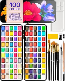 ARTISTRO Deluxe Watercolor Paint Set with Palette & Brush Pens - 100 Colors | Travel Watercolor Paint Set, Portable Painting Kit for Adults, Artists & Kids, Professional Watercolor Supplies