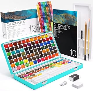 CHROMATEK Watercolor Paint Set &ndash; 128 Vibrant Colors for Artists & Beginners with Palette &ndash; Includes Metallic, Fluorescent, Pastel & Opaque Shades, Brushes, Pad, Swatch Sheets & Travel Case