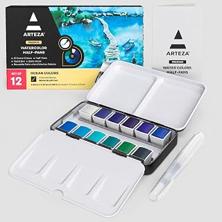 ARTEZA Watercolor Paint Set, 12 Ocean Colors, Half Pans in Travel Tin | Water Brush and Swatch Sheet Included, Built-In Mixing Palette, For Seascapes, Coastal Landscapes, Skies and Plein Air