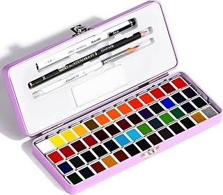 Watercolor Paint Set, 52 Colors Travel Kit, Purple Tin Case | 2 Metallic Shades, Vibrant Solid Watercolor Half-Pans, All-in-One Kit With Brush, Pencil, Sponge, Paper & Pen
