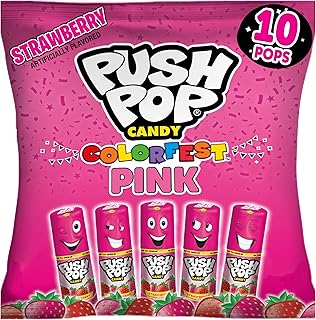 Push Pop Pink Candy Lollipops 10 Ct Individually Wrapped | in Pink Strawberry Flavor Full Size Fun Hard Candy Lollipops For Party Favors Birthday Parties Goodie Bags Fun Gifts