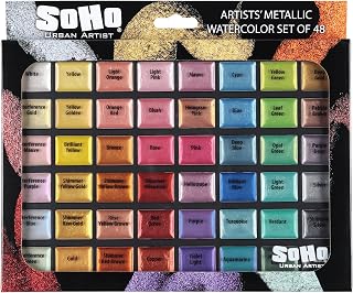 Soho Urban Artist Metallic Watercolors Set w/48 Colors | 48 Vibrant Metallic Half Pans in Travel Case &ndash; Professional Shimmer Watercolor Paint Set for Artists, Crafters & Mixed Media