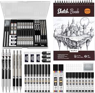 Nicpro 37PCS Art Drawing Supplies Kit | Metal Mechanical Pencil Set 0.5, 0.7, 0.9 & 2mm, 100 Sheets 9x12 Sketch Book, 288PCS Leads, School Supplies Drawing Kit