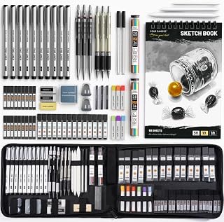 Four Candies 73PCS Advanced Drawing Kit with Professional Art Supplies | Fineliner Pens, Mechanical Pencils, 3-Color Sketchbook, Charcoal Sticks,Pastels for Sketching Drawing Comics, Artists