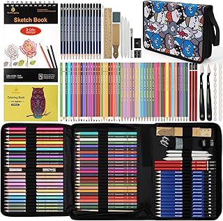 100 Art Supplies Drawing Kit Pro Drawing Supplies Set has 3-Color Sketchbook Coloring book Graphite Colored Charcoal Watercolor Pencils Drawing Set Gifts Case for Artists Adults Family