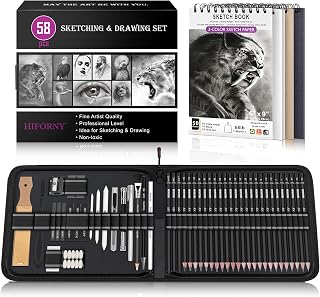 HIFORNY 58 PCS Drawing Kit Sketching Pencil Set,Sketch Pencils Art Supplies with 3-Color Sketchbook,Graphite,Charcoal,Blending Tools,Drawing Pencils for Adults Artists
