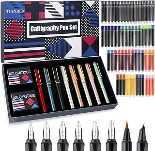 TIANREN Calligraphy Pen set,Fountain Pens with 8 Different Replaceable Nibs with 60 Ink Cartridges(12 Colors),Calligraphy set for Beginner Writing Drawing.