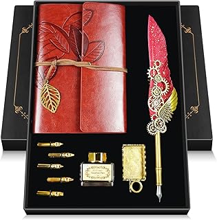 Feather Quill Pen and Ink Set,Calligraphy Set with Leather Journal Notebook | Feather Pen,5 Gold Nibs,Pen Holder,Ink,Antique Calligraphy Kits for Beginners Christmas Gift
