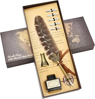 Hethrone Calligraphy Quill Pen Feather Pen and Ink Set,Brown | Includes Dip Pen,5 Replacement Nibs and Pen Holder for Writing Lovers
