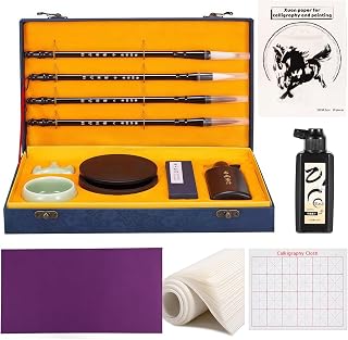 Chinese Calligraphy Set Japanese Calligraphy Kit for Beginner-Blue | 4 Brushes,Ink Stick Stone ,120g Ink,30 Papers,Porcelain Bowl, Brush Holder, Reusable Water Writing Cloth,Purple Felt Mat